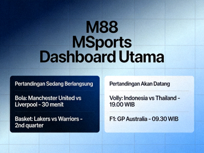 Tampilan dashboard utama M88 MSports dengan daftar pertandingan olahraga yang sedang berlangsung dan akan datang